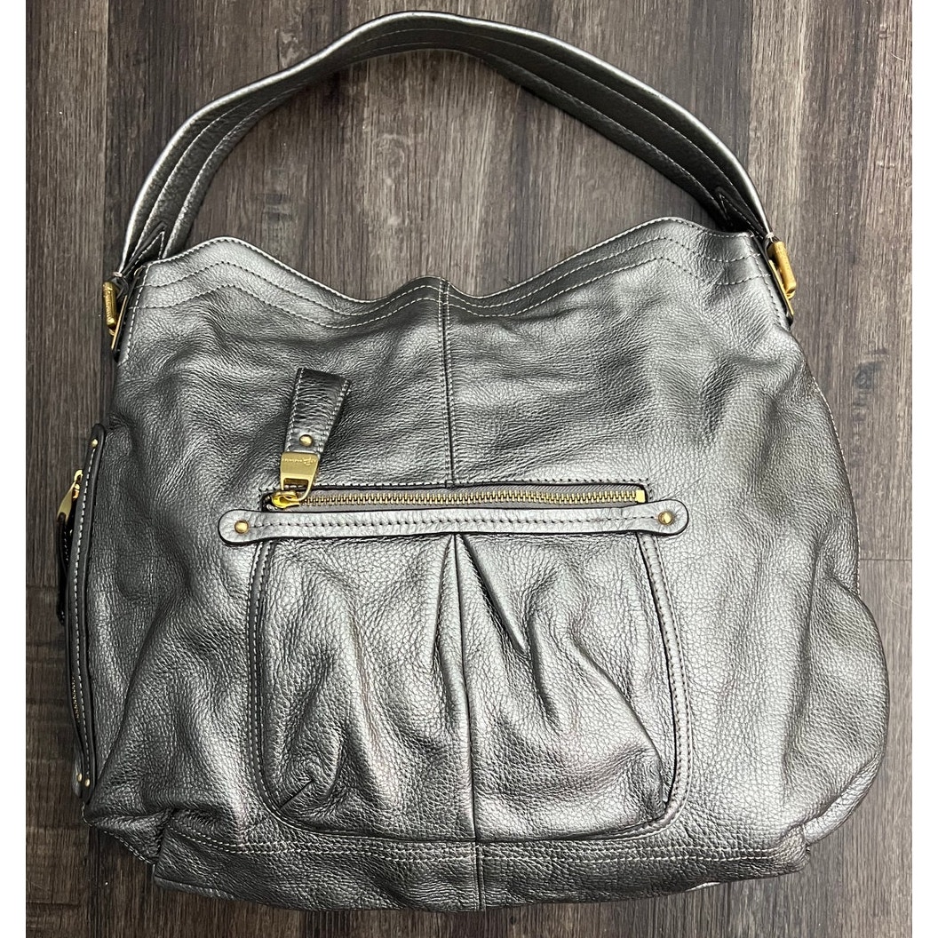 B. Makowsky Metallic Leather Purse Shoulder Bag In Pewter W/Gold-Tone Hardware